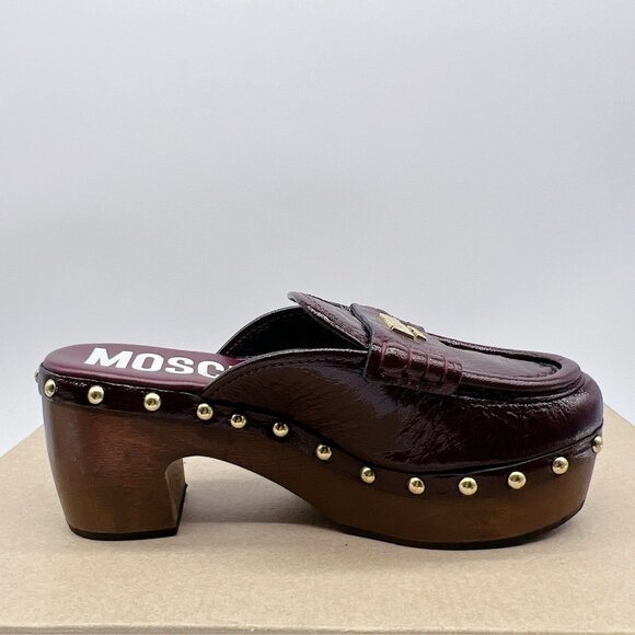 MOSCHINO 70MM Logo Patent Leather Platform Clogs BORDEAUX Red Womens EU 35 $770 - Picture 9 of 11